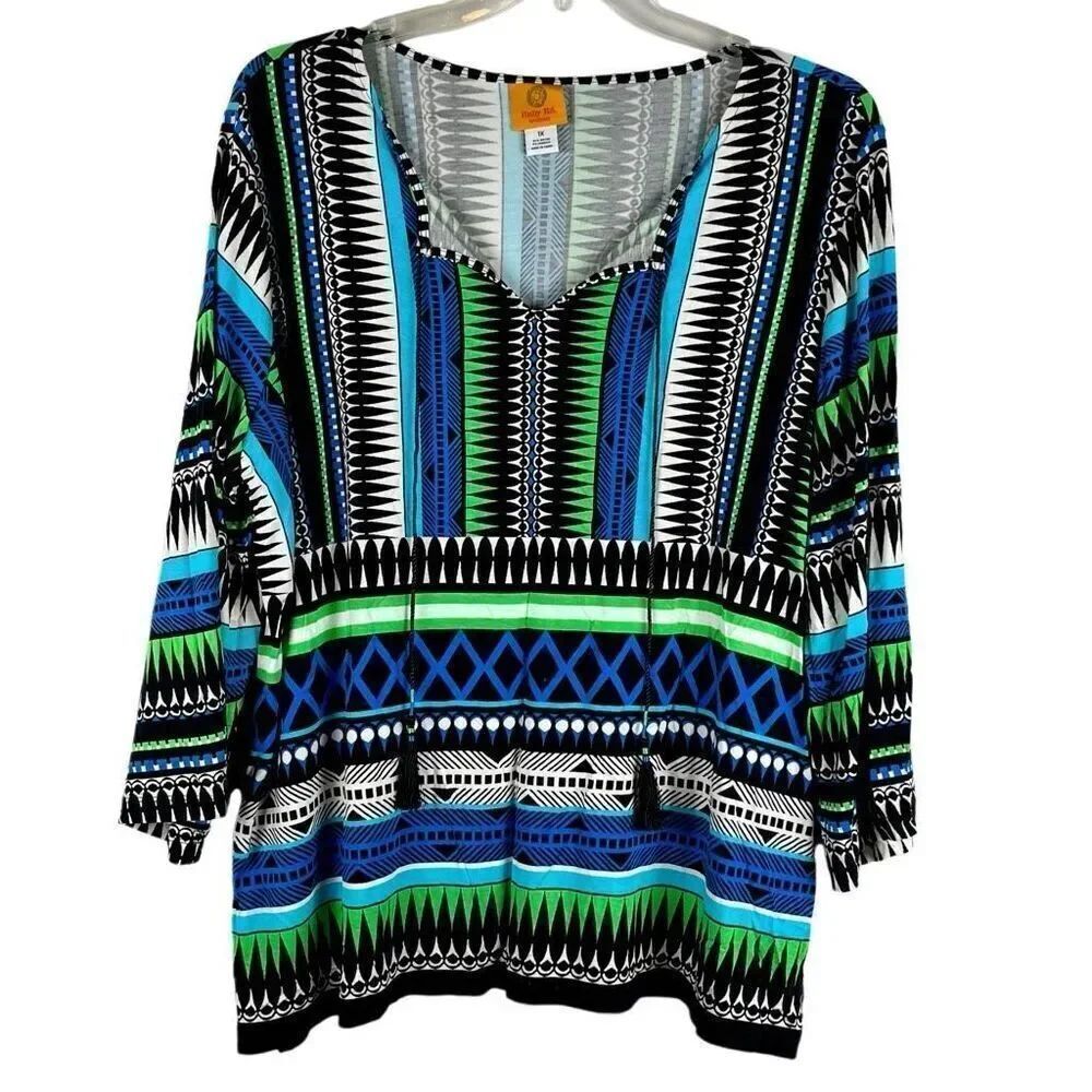 Ruby Rd. Geometric Design V-neck 3/4 Sleeve Blouse 1X